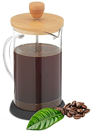 Relaxdays Kaffeebereiter, manuelle Stempelkanne, Siebeinsatz, 600 ml, Glas, Bambusdeckel, Teebereiter, transparent/natur