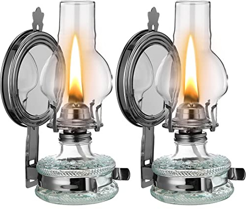 2 Pieces Large Kerosene Lamp Wall Mount Vintage Chamber Oil Lamps Hanging Hurricane Lamp Rustic Glass Clear Oil Lantern for Indoor Use Home Tabletop Decor Emergency Lighting, Dark Grey, 10.6 oz