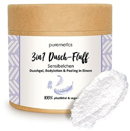 puremetics 3in1 Dusch-Fluff Sensibelchen mit Zuckerpeeling, 250 g Duschgel, Peeling und Lotion in Einem, vegan & plastikfrei