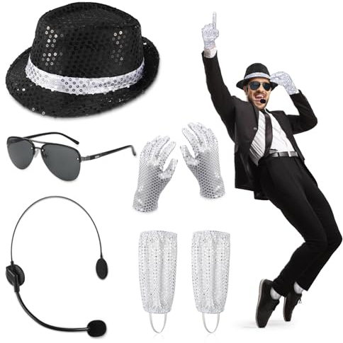 7PCS Accessori per Costume MJ per Adulti, Set per Re del Pop con Cappello Paillettes Microfono a Testa Occhiali da Sole Guanti di Paillettes Calzini Argento, Cosplay da Ballerino Anni '80 Rock Star