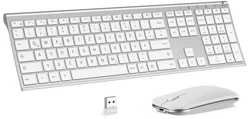 Kabelloses Tastatur Maus Set, seenda 2.4G Ultraflach Wireless Tastatur und Maus Aufladbar aus Aluminium, Deutsch QWERTZ Funktastatur Dünn für Windows/PC, Computer, Laptop, Smart-TV, Weiß und Silber