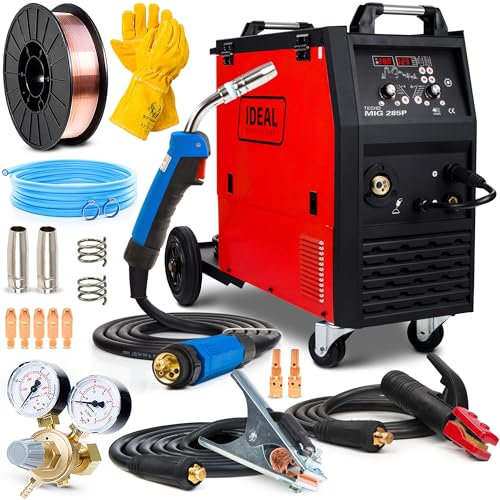 Ideal Tecno MIG 285 - Soldador de Hilo Sin Gas y con Gas 400V - Sinergia, Alimentación de Hilo de 4 Rodillos, Inductancia - Soldadura: MIG/MAG, MMA y Soldadura por Puntos - Set Basic