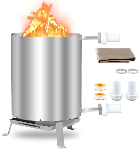 Fiqops Chauffage de piscine à bois de chauffage avec feu, chauffage de piscine en acier inoxydable, seau à feu chauffant, 32/38 mm, raccords 100 % acier inoxydable avec tapis ignifuge et plateau