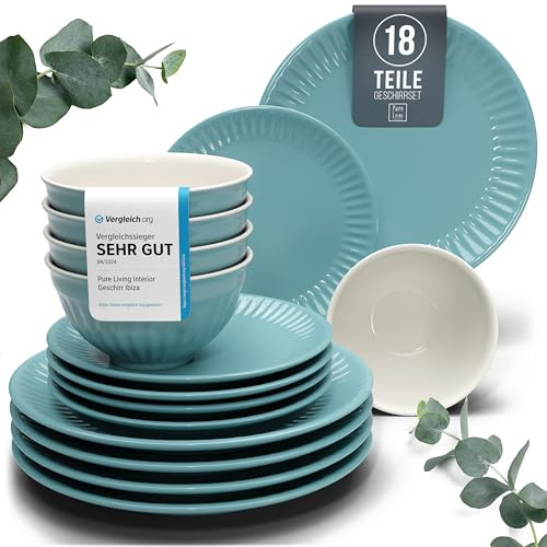 Steingut Geschirrset 6 Personen Hygge 18 tlg. TESTSIEGER, Traumhaftes Skandinavisches Steingut Geschirr Set, Schüssel- und Teller Set, Tafelservice 6 Personen, Geschirrsets Pure Living in Petrol