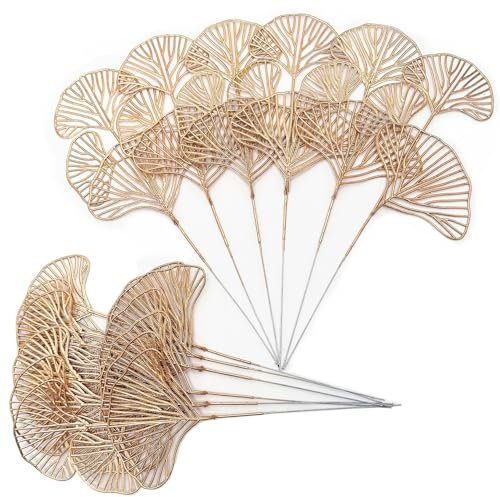 Fake Golden Ginkgo Leaves Stems, Artificial Gold Plants Fake Plastic Flowers Simulation Apricot Leaf Sticks Grass for Indoor Home Decor Wedding Party Christmas Tree DIY Decoration - 12 Pcs