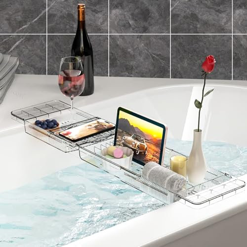 MeYuxg Plateau Baignoire en Plastique Extensible - Planche Baignoire Réglable - Pont de Baignoire Transparents avec Porte-gobelet, Serre-Livres