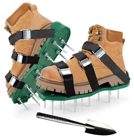 Zapatos de aireador de césped, zapatos de uñas con clavos de 45 mm, 6 correas ajustables con hebillas de metal, aireador de césped para jardín y césped, escarificador, incluye llave de montaje, pala