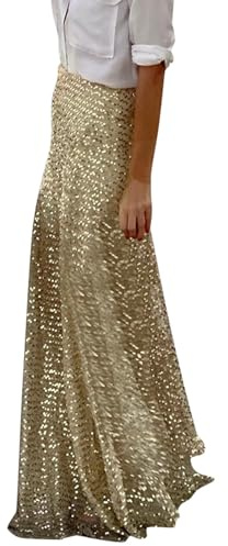 2025 Faldas de Mujer Cintura Elástica Falda de Lentejuelas Doradas Elegante Slim Fit Vacaciones Larga Mujer Falda Largo Hasta El Piso Señoras Elegante, dorado, M