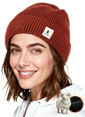 Merino Wool Beanie Hat for Men & Women, Thermal Knit Winter Wooly Hat, Warm Cuffed Fisherman Style Cap for Outdoor, Hiking & Cold Weather Red