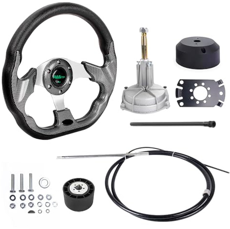 RASTP 12FT Boat Steering System, 12FT Outboard Steering Kit with 3/4 Tapered Shaft with 12.7 Inch Steering Wheel for Yachts, Fishing Boats & Watercraft