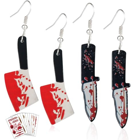 4PCS Halloween Boucles d'Oreilles Pendentif Couteaux d'Horreur + 10 Fausse Cicatrice Blessure Tatouage,Halloween Earrings Horreur Boucle d'Oreille pour Femmes et Filles