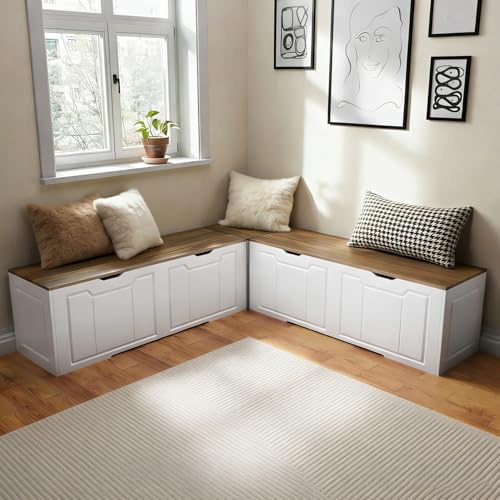 Bootuu L-Shape Corner Bench with Hidden Storage, 63”Kitchen Corner Nook Bench Seating& Entryway Shoe Bench,Space-Saving Wood Corner Bench for Small Spaces,White, 63*63*17.7