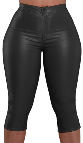 Zebaexf Leather Capri Pants for Women Casual Stretch Black High Waisted Crop Leggings with Pockets Faux Leather Pants Large