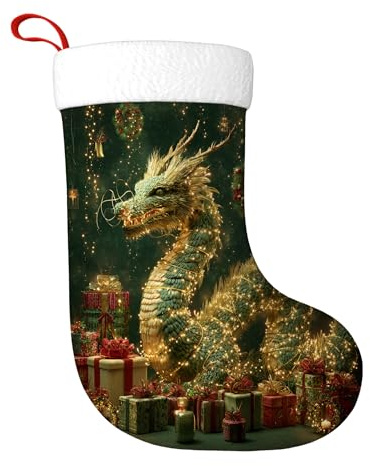 Dragon Christmas Stocking, Xmas Fantasy Gifts Wreath Green Xmas Decorative Stockings for Home Fireplace Bedroom Office Shop Holiday Decor 11x18 Inch