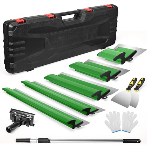 Set spatole professionali per superfici in valigetta - 5 spatole per superfici (190mm mezzaluna, 250mm, 400mm, 600mm, 800mm) - 2x spatole manuali - asta telescopica in alluminio (Verde 5 pcs)