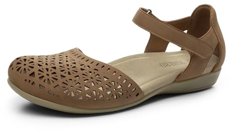 Rihero Summer Closed Toe Sandals Women Orthopedic Cute Beach Sandals for Women Lightweight Non Slip Arch Support Flat Shoes with Adjustable Strap Tan Hollow 9