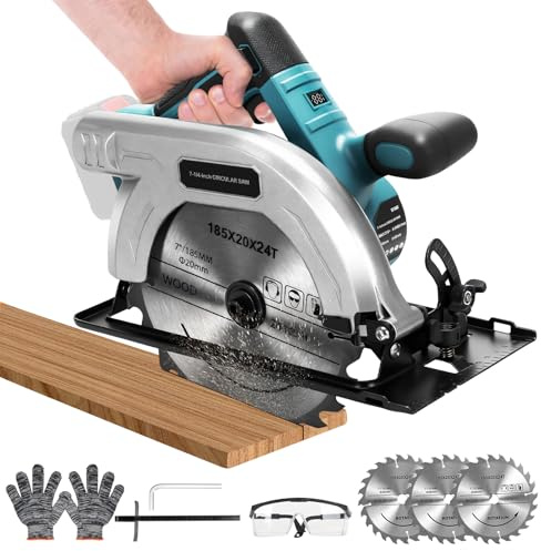 185mm Cordless Circular Saw Compatible with Makita 18V Battery (Without Battery), 1200W 4800RPM Brushless, Max Cutting Depth 60mm (90°), 40mm (45°), 3 x Blades for Wood, Plastic, Soft Metal