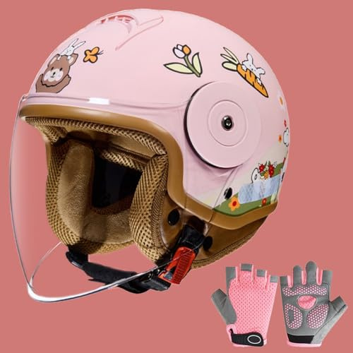 Casque Enfant avec Gants pour Garçons Et Filles De 3 À 12 Ans, Homologué ECE 22.06, Demi-Casque De Moto pour Enfants, Casque Jet avec Visière Solaire E,46-54cm