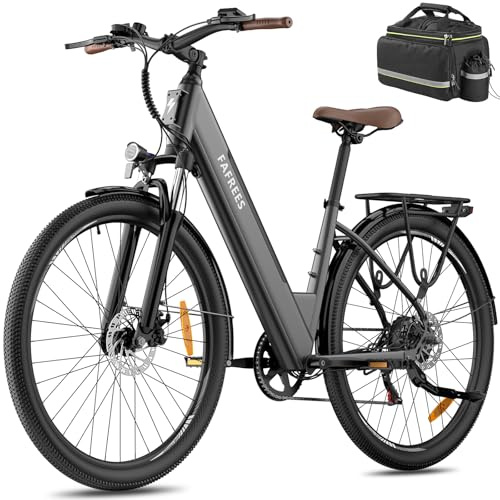 Fafrees 28 Electric Bike for Adults 36V16Ah Removable Battery Pedal Assist City Ebike 250W, Front Fork Suspension, 75km Range, with LCD Display, 7-Speeds Gear, Gunmetal, Rear Seat Bag