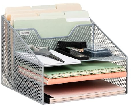 Mind Reader Desktop Organizer, Vertical File Holder, Paper Trays, Office, Metal Mesh, 12.5 L x 11.5 W x 9.5 H, Silver
