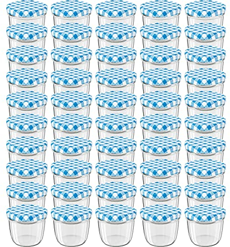 WELLGRO 50x Einmachgläser mit Schraubdeckel - 230 ml, 8,5 x 6,5 cm (ØxH), Glas/Metall, blau karierte Deckel To 82, Gläser Made in Germany, verschiedene Mengen wählbar, Stückzahl:50 Stück