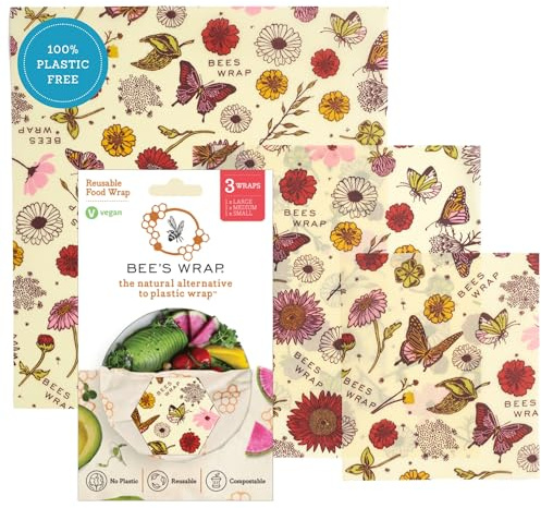 Bee's Wrap Vegan Beeswax Wraps for Food - 3 Pack of Assorted Beeswax Wraps - Small, Medium & Large Wrap - Plastic Free Made in USA Reusable Natural Food Wrap - Meadow Magic Print