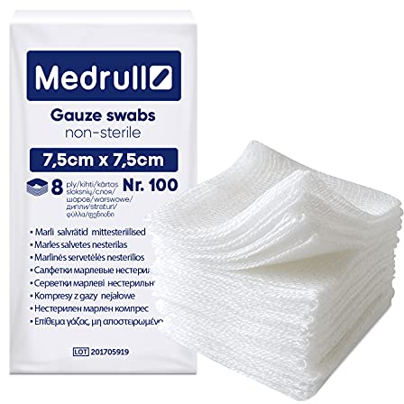 Medrull - Tamponi di garza, 100 pezzi, compresse 7,5 x 7,5 cm, non sterili, 8 strati di garza