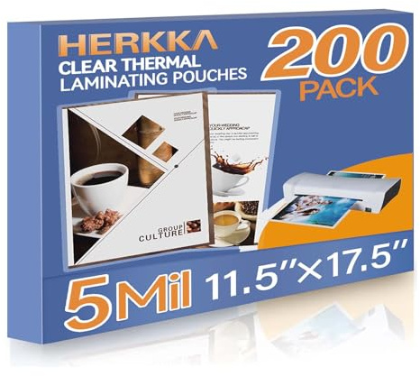HERKKA 200 Pack Laminating Pouches, Hold 11 x 17 Inch Sheet, 5 Mil Clear Thermal Laminating Paper 11.5 x 17.5 Inch, Round Corner