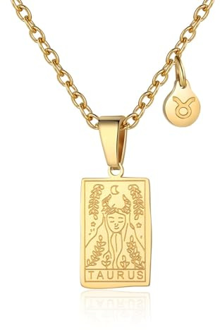 RIXERKOC Signo del Zodiaco Collar para Mujeres Constelación Tarot Colgante Doble Cara 18K Oro Inoxidable Signo del Zodiaco Joyería Regalos para Chicas (Tauro)