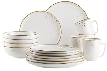 MÄSER Serie Pintar, set di stoviglie di alta qualità per 4 persone, servizio combinato da 16 pezzi con smalto chiaro, macchie marroni e bordo fine in stile vintage, fatto a mano, porcellana