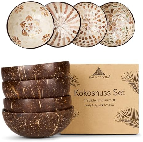Karmagonia Kokosnuss Schale 4er Set - handgefertigte Boho Deko Schale mit Perlmutt - nachhaltige Bowl Schüssel - Snackschale und Schlüsselschale