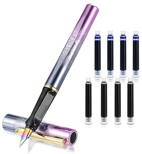 Andibro Farbiger Kunststoff-Füllfederhalter,Leichter Füllfederhalter mit 4 schwarzen 4 blauen Tinten, 0,38 mm extra feine Spitze, Business-Schreibstift für Tagebuch Unterschrift Schule Büro (Lila)