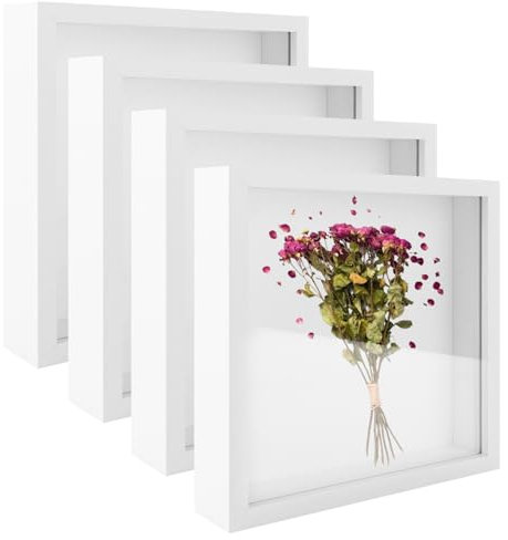 JMIATRY Set di 4 cornici 3D da riempire, 20 x 20 cm, colore bianco, per fiori, medaglie, foto