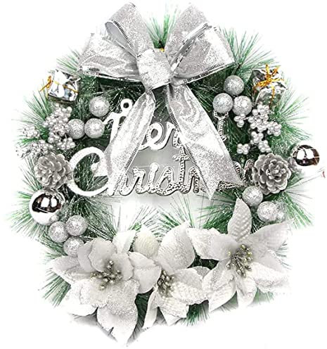 AYOROF Weihnachtskränze für Haustür, 40 cm Weihnachtstürkranz Winter Künstliche Weihnachtsgirlande Dekoration mit Bogen Blumen Ball für Innen-Weihnachtsdekoration im Freien (Silber)