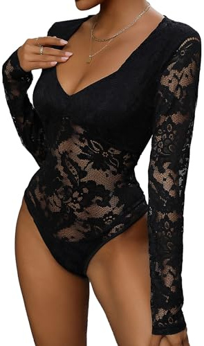 Everbellus Sexy Manga Larga Body para Mujer, Encaje Profunda Cuello en V Bodysuit Tops Ropa de Club Nocturno para Citas Negro X-Large