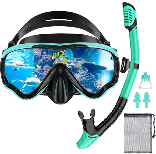 POWZOO Gafas de Buceo Adulto,Gafas de Buceo panorámicas de 180°,Gafas y Tubo de Snorkel Set para Adulto,con Tapones para los oídos,Clip de Nariz, Bolsa de Malla de Almacenamiento（Verde）