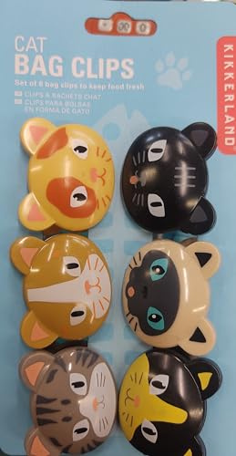 Kikkerland Clips per Sacchetti a Forma di Gatto, Set di 6 Clip Decorative per Alimenti, Multicolore