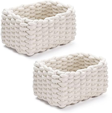 2 Stück Aufbewahrungskorb Geflochten, Baumwolle Strickkorb Klein Flechtkorb Dekorative Häkelkorb Geflochtener Korb für Küche Bad Aufbewahrung (Weiß)