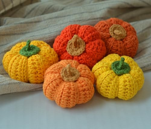 LOMTRATS - Juego de 5 minicalabazas Tejidas, decoración rústica otoñal, Calabazas Decorativas otoñales, Regalo conmovedor para Mujeres (Amarillo-Naranja 5)