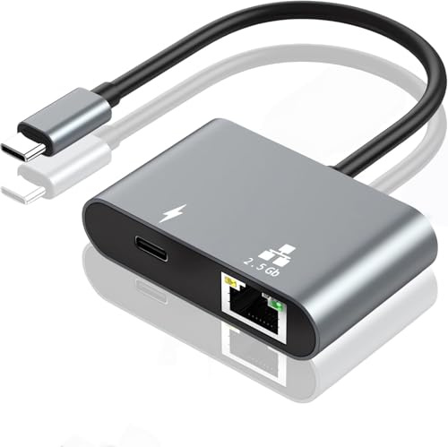 NCGGY USB C till Ethernet-adapter, 2,5 Gbps höghastighetsnätverksadapter med 120 W laddningsport, RJ45 Gigabit LAN-adapter, kompatibel med Thunderbolt 3 Mac, iPhone 15 16, MacOS, surfplatta, iPadPro