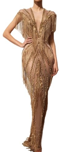 LuuMingCM Sparkly Sequines Fringes Dresses for Women Evening Gowns Sexy Mesh Diamonds Performance Dance Costume Gorgeous Stage Wear Club Outfit (UK, Alpha, One Size, Regular, Regular, Gold)