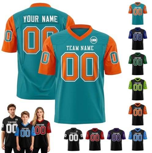 Personalised American Rugby Jersey, Customised Football Jersey with Logo Name Number Team Name for Men Women Kids Active Tops (Light Blue)