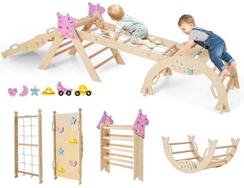 HOMASIS 4 en 1 Triangle à Grimper Montessori, Cadre d'escalade avec Arche, Rampe, Corde & Échelle, Aire de Jeux Éducative pour Enfants 3 Ans+ (Licorne, Blanc)