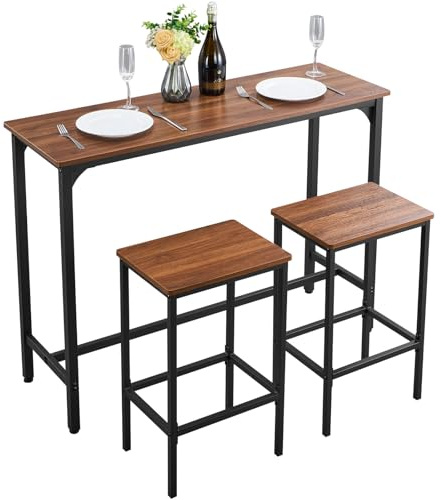 VEVOR Set Mobili da Bar Tavolo Sedie da Cucina 3 Pezzi con 2 Sgabelli da Bar e Bordi Arrotondati, Tavolo da Pranzo da 120 x 40 x 90 cm, Marrone Rustico e Nero, Adatto per Ufficio, Minibar