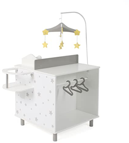 Bayer Chic 2000 dockskötbord | Med barnstol och badrum | stjärna grå | Multifunktionell dockblöjstation: Inkluderar barnstol, badkar, skåp och mobil. Perfekt för rollspel från 3 år.
