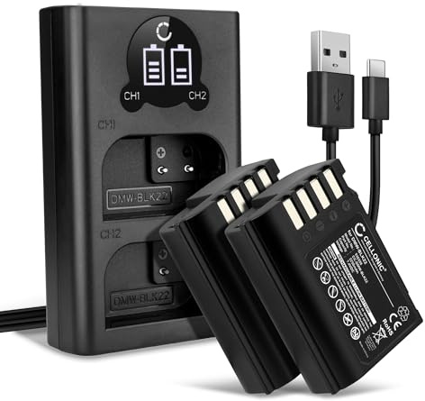 CELLONIC 2X Batterie pour Appareil Photo Compatible avec Panasonic Lumix G9, Lumix GH5S, Lumix DC-S5DH, DMW-BLK22 - (2250mAh, 7.4V) + Chargeur Double