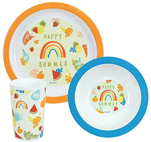FUN HOUSE 006075 FRUITY'S Ensemble repas composé d’une assiette plate Ø 22 cm, d’une assiette creuse ou bol Ø 16 cm et d’un verre 220 ml pour enfant