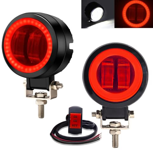 Fari Supplementari a LED per Moto, 3 Rotondi Universale Led Fendinebbia Fari Anteriori con Rosso DRL Angel Eyes, Impermeabili per DC12V-24V Moto Camion 4x4 SUV UTV ATV Trattore