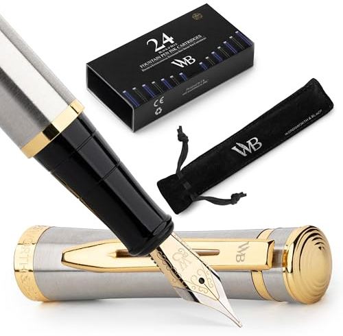 Wordsworth & Black Juego de plumas estilográficas punta media con 24 cartuchos de tinta, un convertidor para la recarga de tinta y un Bolsa de regalo, caligrafía (Oro Plateado)