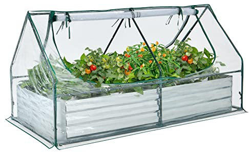 COSTWAY Cama de Jardín Elevada Galvanizada con Invernadero, Huerto Urbano Elevado, Jardinera Exterior sin Fondo con Cubierta, Ventanas Enrollables de 2 Niveles (180 x 90 x 91 cm)